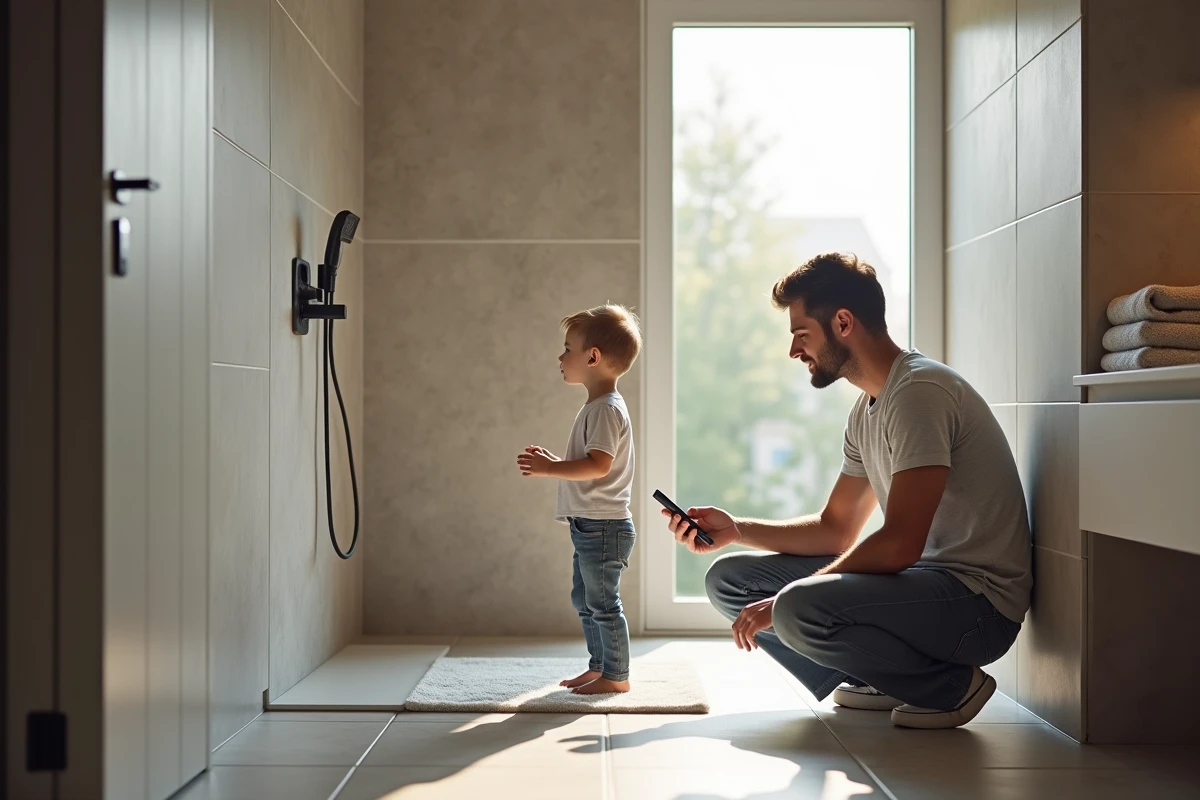 Pere jeune utilisant un panneau de douche dans une salle de bain élégante