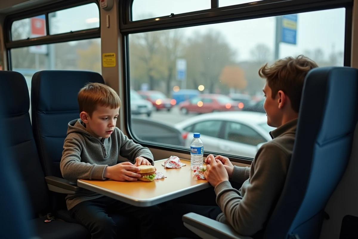 Pere et fils partageant un sandwich dans un bus