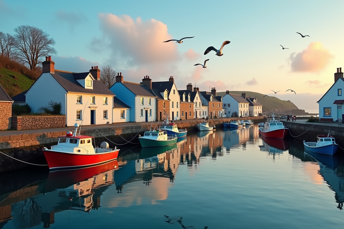 port de pêche breton au lever du soleil avec maisons colorées