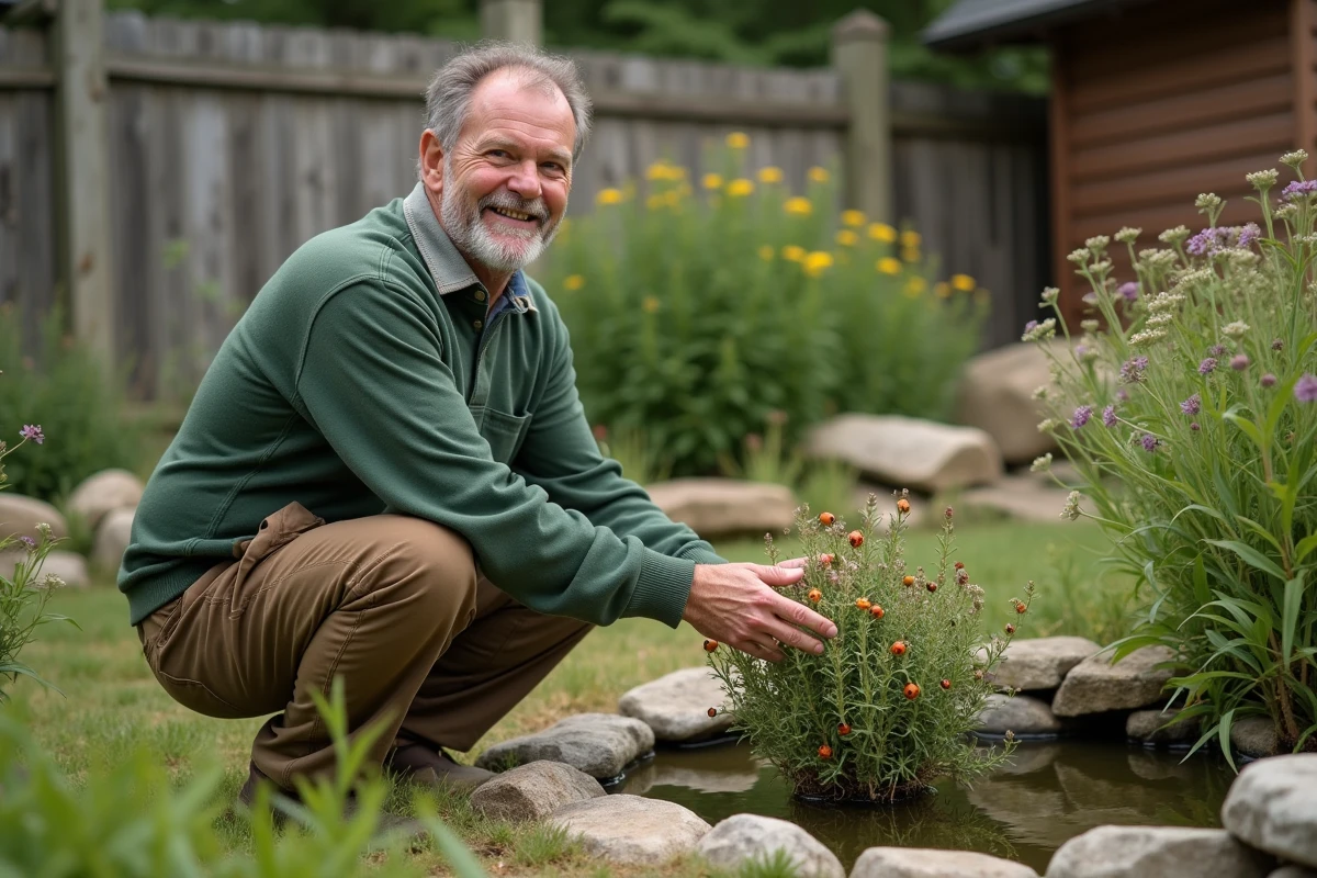 Homme relâchant coccinelles dans le jardin
