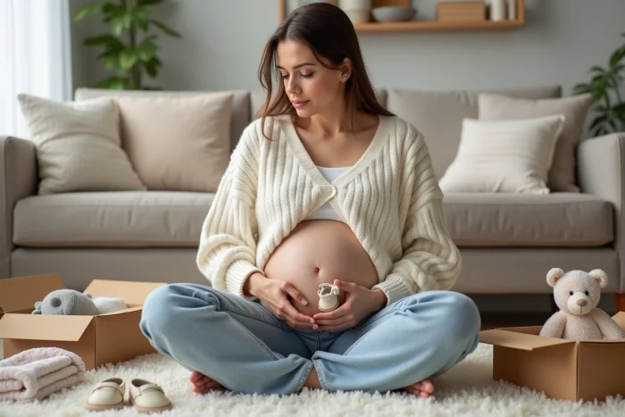 Future maman préparant la chambre de bébé entourée de vêtements et d'accessoires de naissance