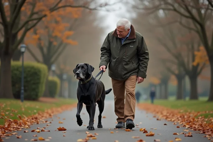 Homme âgé promenant son chien labrador senior dans un parc en automne avec des feuilles mortes au sol