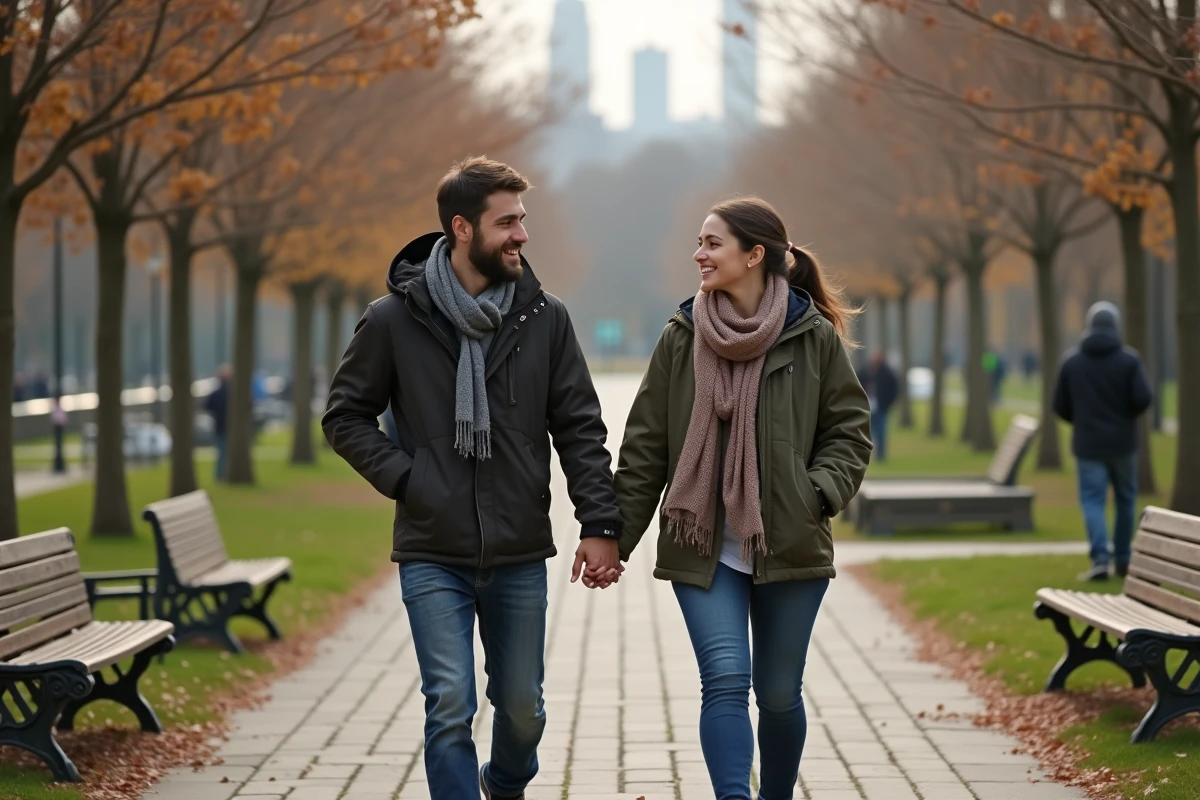 Couple se promenant dans un parc urbain en famille