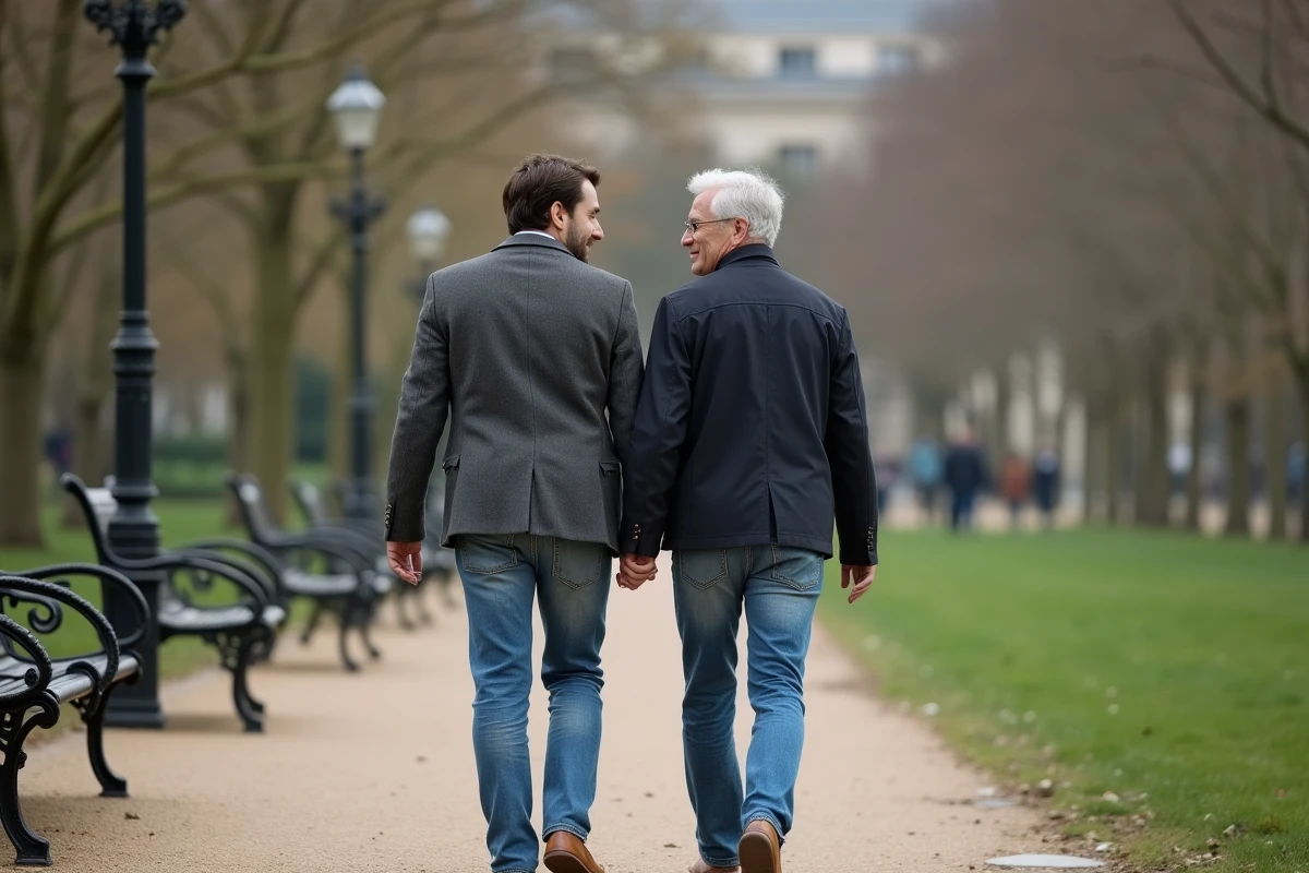Homme et femme se promenant dans un parc parisien