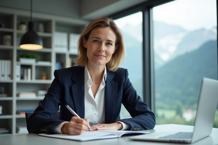 Psychologue suisse femme en bureau lumineux avec vue sur Alpes