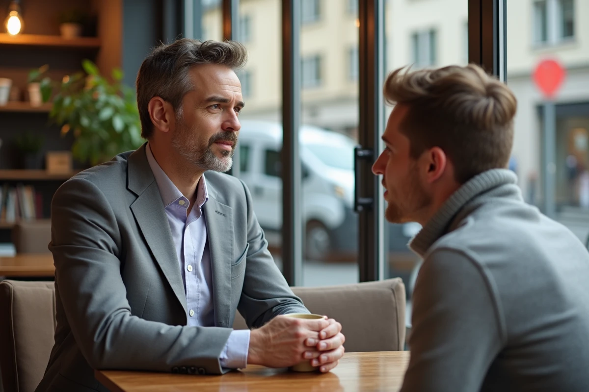 Psychologue suisse homme en conversation dans un café urbain