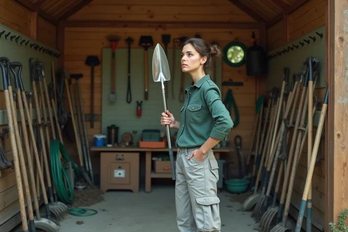 Femme dans un abri de jardin tenant une bêche devant un rangement organisé d'outils de jardinage accrochés au mur