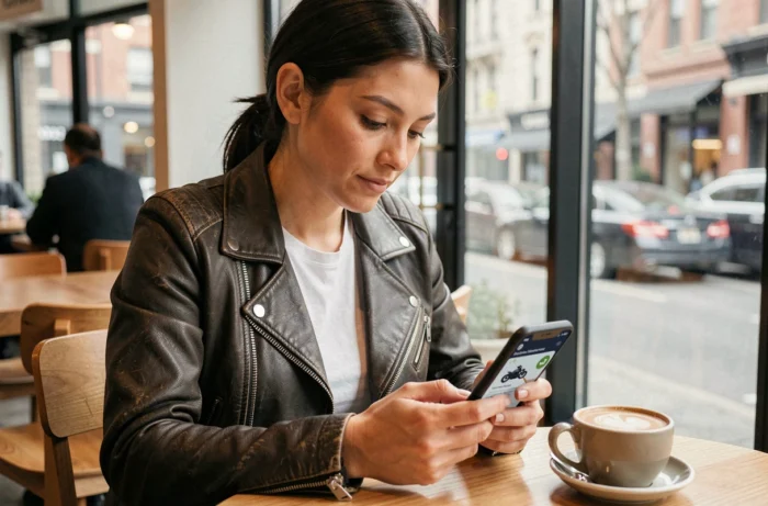 Femme motarde révisant le code ETM 2026 sur smartphone dans un café en ville