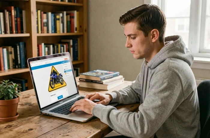 Jeune homme révisant le code moto ETM 2026 sur un ordinateur portable à son bureau à domicile