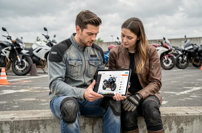 Deux motards révisant ensemble le code moto ETM 2026 sur tablette dans une zone d'entraînement