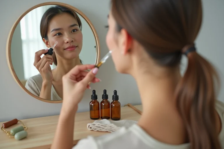 Jeune femme appliquant un sérum visage avec un compte-gouttes en verre devant un miroir rond, routine beauté quotidienne avec produits innovants