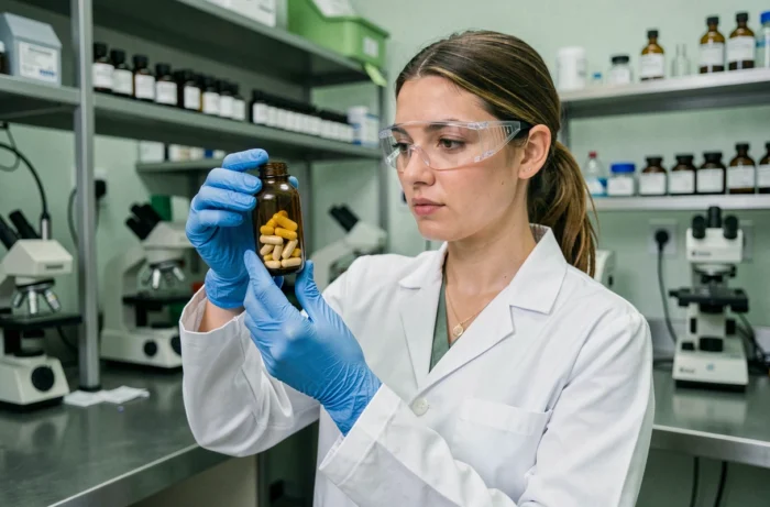 Scientifique en laboratoire analysant un flacon de compléments alimentaires pour garantir leur sécurité et conformité