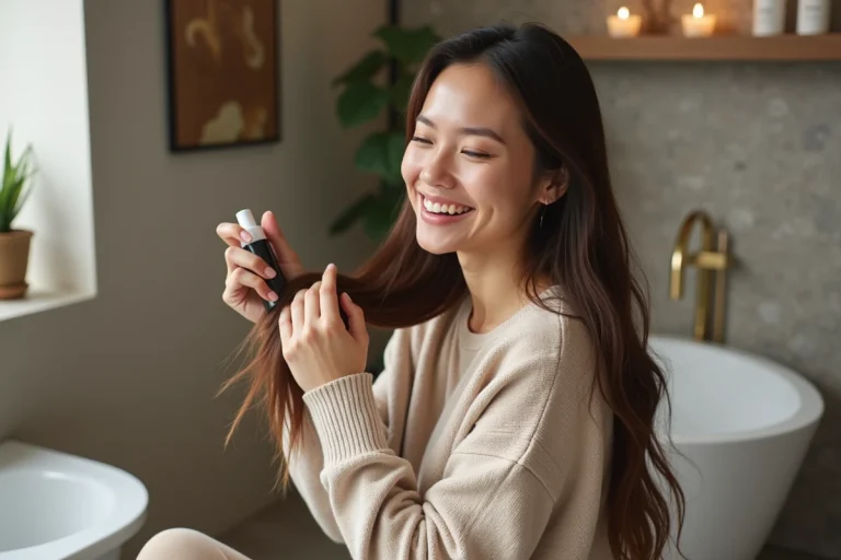 Femme souriante appliquant un serum capillaire dans ses cheveux bruns