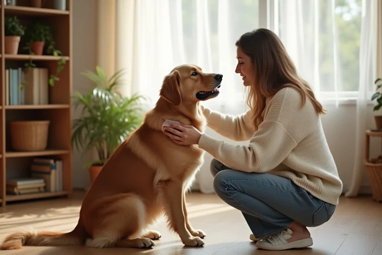 Femme brossant son golden retriever dans un salon chaleureux, soin quotidien de l'animal de compagnie
