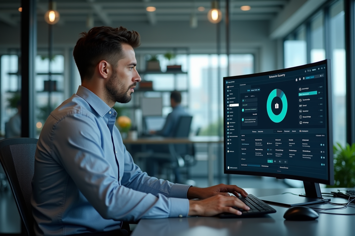 Homme spécialiste informatique configurant la sécurité sur ordinateur