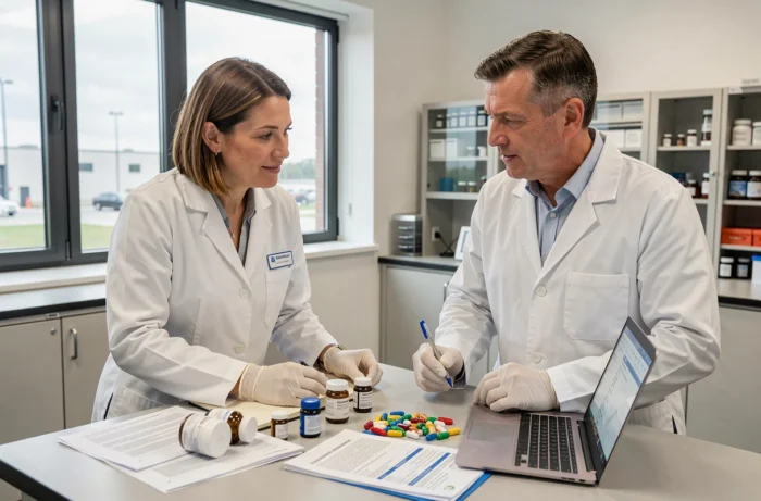 Deux spécialistes en sécurité alimentaire collaborant sur l'analyse de compléments alimentaires dans un laboratoire de conformité