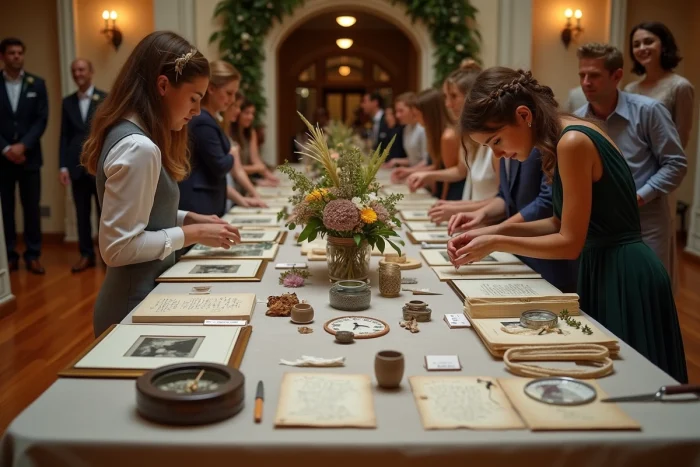 Table des souvenirs décorée d'objets personnels apportés par les invités avec des étiquettes manuscrites à l'entrée de la salle de réception