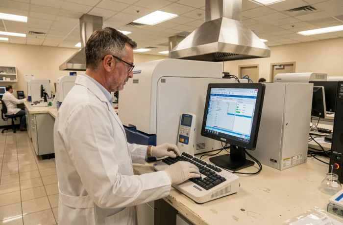 Technicien en laboratoire pharmaceutique utilisant un équipement d'analyse chromatographique pour contrôler la qualité des compléments alimentaires