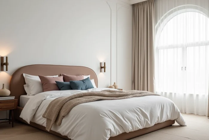 Chambre à coucher contemporaine avec tête de lit en noyer, linge de lit en lin blanc et accents en tons boisés suivant les tendances déco maison
