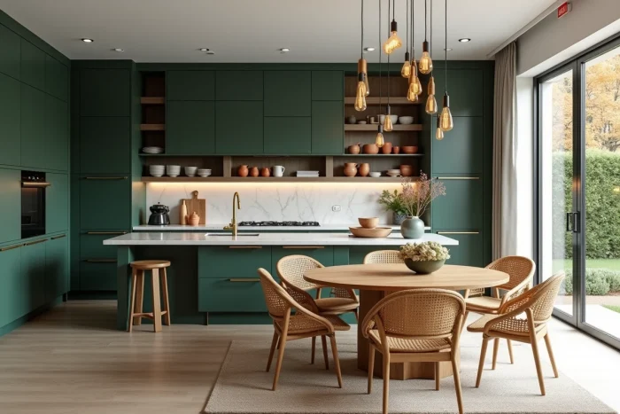 Cuisine ouverte rénovée avec buffet vert foncé, plan de travail en marbre, îlot central et coin repas en rotin selon les tendances actuelles
