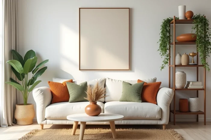 Salon moderne aménagé avec des tendances déco actuelles, canapé en lin, coussins en bouclé, table basse en travertin et plantes naturelles