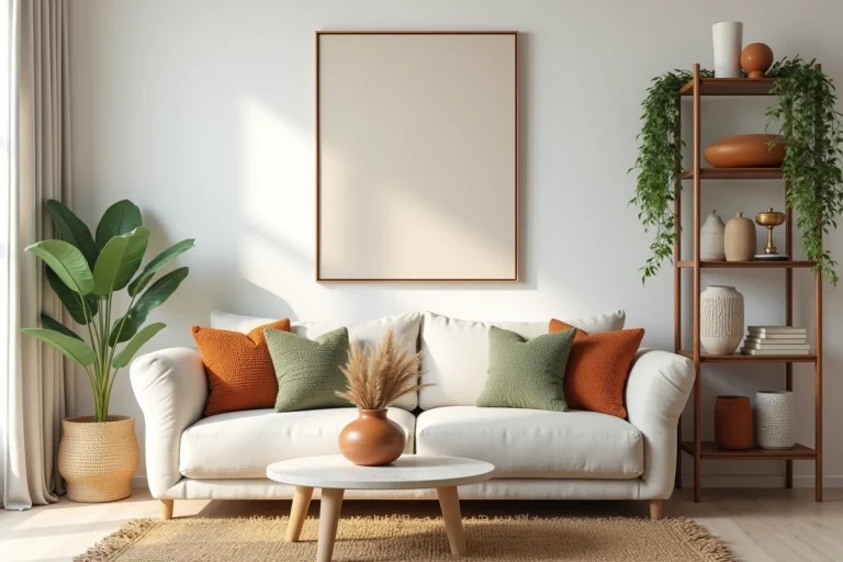 Salon moderne aménagé avec des tendances déco actuelles, canapé en lin, coussins en bouclé, table basse en travertin et plantes naturelles