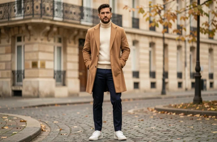 Homme stylé en manteau camel et col roulé crème dans une rue pavée parisienne en automne, tenue mode masculine tendance