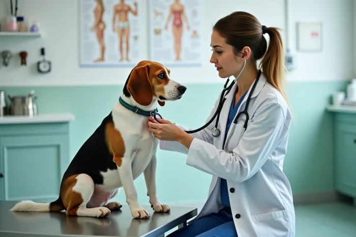 Vétérinaire examinant un chien beagle senior lors d'une consultation médicale en clinique vétérinaire