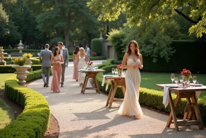 Vin d'honneur déambulatoire dans un jardin d'un domaine avec des invités se promenant entre des stands de dégustation sur un parcours