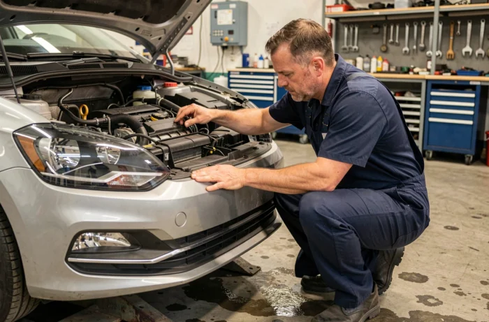Mécanicien inspectant le moteur d'une Volkswagen Polo 6R dans un garage d'entretien professionnel