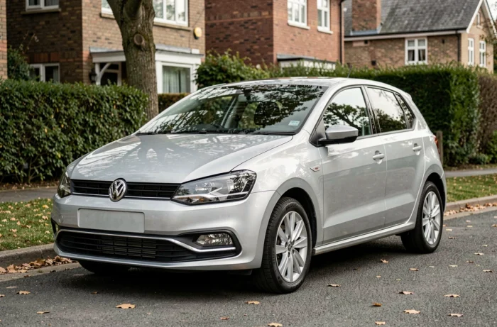 Volkswagen Polo 6R argent garée dans une rue résidentielle, vue 3/4 avant au ras du sol