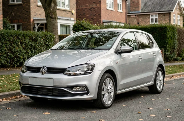 Volkswagen Polo 6R argent garée dans une rue résidentielle, vue 3/4 avant au ras du sol