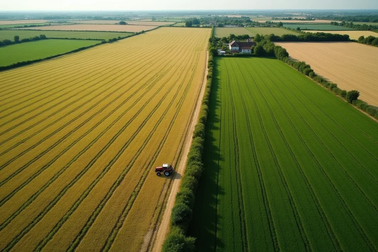 Vue aérienne de 50 hectares de terres agricoles en France avec tracteur rouge pour l'échelle