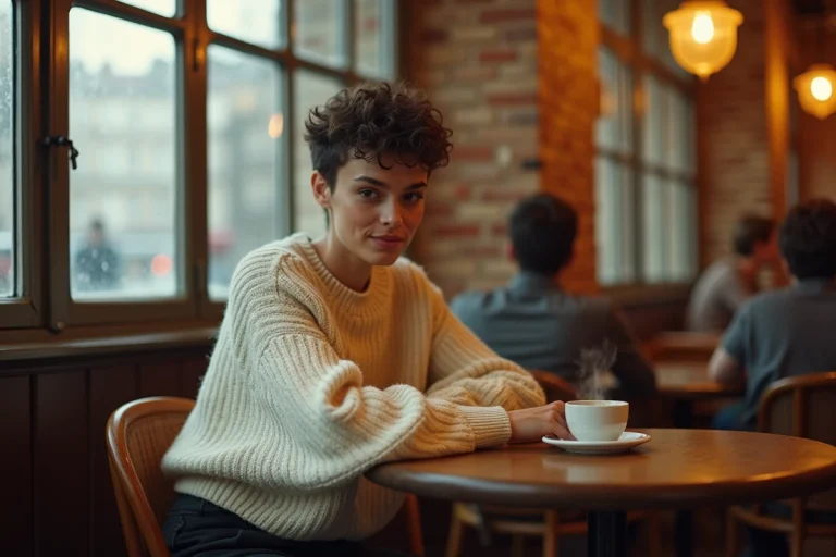 Femme artiste pensive attablée dans un café parisien intime, évoquant une histoire d'amour secrète et discrète