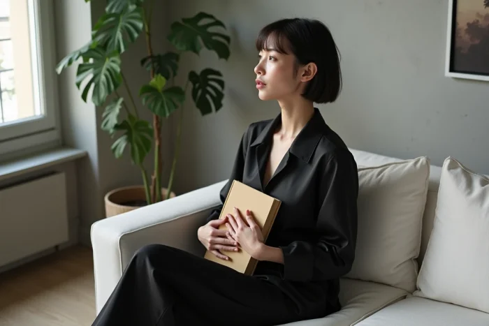 Femme artiste contemplative dans un appartement parisien moderne, incarnant la discrétion et le mystère autour de sa vie amoureuse
